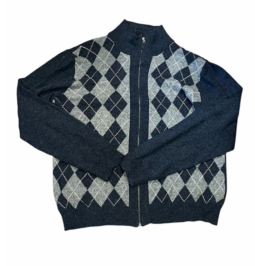 GAP Men’s Sweater Cardigan Large Navy Blue Diamond Pattern Knit Preppy